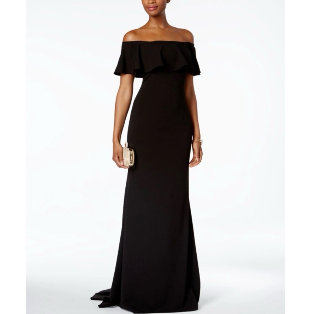 Adrianna Papell Black Off Shoulder Crepe Flounce Bodice Gown New